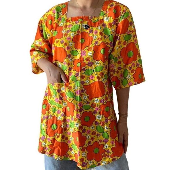 Vintage 1970s Womens Retro Psychedelic Floral Mid Mod Apron Open Back Top Sz M - Picture 6 of 7